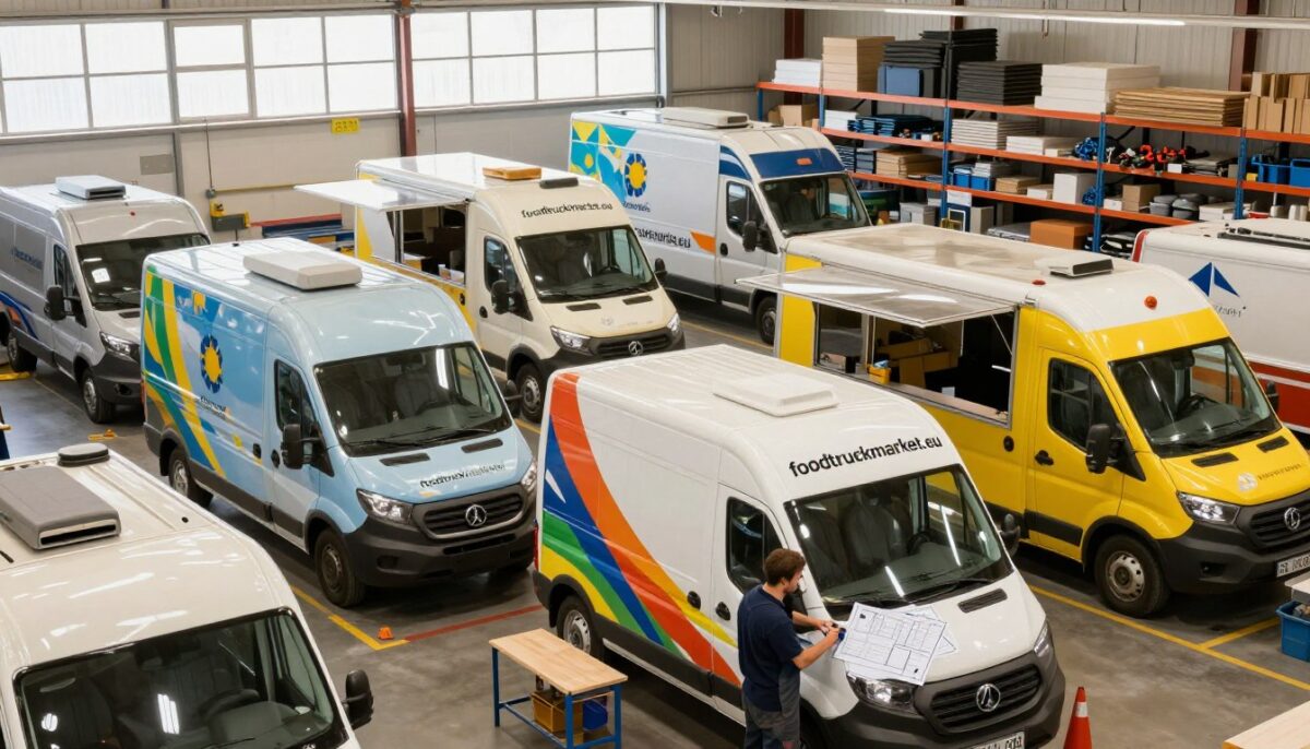 A bustling European food truck fabrication workshop with an array of stylish food trucks in various stages of assembly, emphasizing craftsmanship and compliance with European safety standards. In the foreground, a skilled artisan in professional attire expertly inspects a truck, using tools and blueprints. The middle ground features partially completed food trucks showcasing vibrant branding, including the logo "foodtruckmarket.eu" prominently displayed. The background reveals shelves stacked with materials and equipment, all under bright, natural lighting filtering through large windows, creating a warm and inviting atmosphere. The overall mood is industrious and focused, reflecting the meticulous attention to detail required in navigating European regulations for food truck manufacturing. - Food Truck Market A bustling European food truck fabrication workshop with an array of stylish food trucks in various stages of assembly, emphasizing craftsmanship and compliance with European safety standards. In the foreground, a skilled artisan in professional attire expertly inspects a truck, using tools and blueprints. The middle ground features partially completed food trucks showcasing vibrant branding, including the logo "foodtruckmarket.eu" prominently displayed. The background reveals shelves stacked with materials and equipment, all under bright, natural lighting filtering through large windows, creating a warm and inviting atmosphere. The overall mood is industrious and focused, reflecting the meticulous attention to detail required in navigating European regulations for food truck manufacturing.