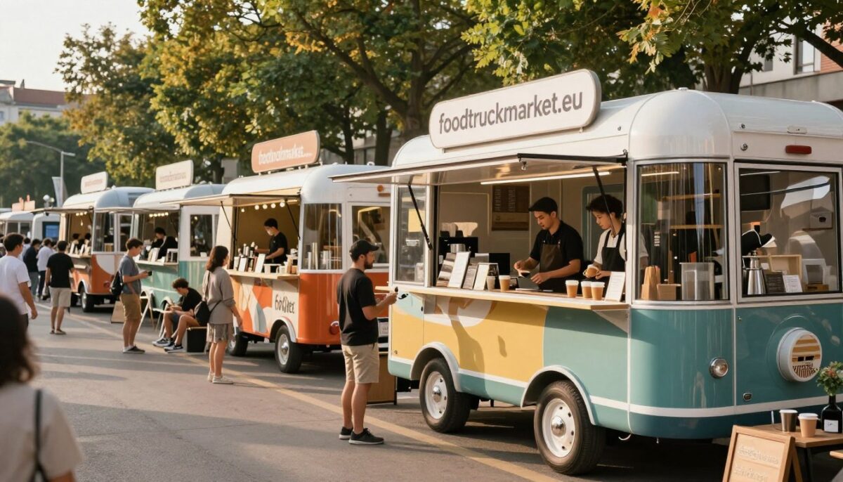 A bustling outdoor scene featuring a variety of coffee trucks designed by "foodtruckmarket.eu". In the foreground, an intricately designed coffee truck with a sleek, modern aesthetic, showcasing large glass windows and a vibrant color palette. Baristas in professional attire, busy serving customers, add dynamism to the image. In the middle ground, several other coffee trucks with unique designs line the street, some adorned with catchy signage and a warm, inviting atmosphere. The background features a sunny urban setting with trees and people enjoying their coffee, enhancing the lively mood. Soft, natural lighting casts warm tones, evoking a sense of community and joy. The angle captures both the trucks and the bustling environment, drawing viewers into the scene. - Food Truck Market A bustling outdoor scene featuring a variety of coffee trucks designed by "foodtruckmarket.eu". In the foreground, an intricately designed coffee truck with a sleek, modern aesthetic, showcasing large glass windows and a vibrant color palette. Baristas in professional attire, busy serving customers, add dynamism to the image. In the middle ground, several other coffee trucks with unique designs line the street, some adorned with catchy signage and a warm, inviting atmosphere. The background features a sunny urban setting with trees and people enjoying their coffee, enhancing the lively mood. Soft, natural lighting casts warm tones, evoking a sense of community and joy. The angle captures both the trucks and the bustling environment, drawing viewers into the scene.