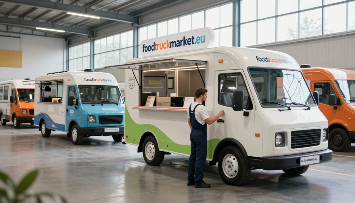 A modern mobile kitchen manufacturing facility showcasing various food truck designs, with a focus on sleek, professional food trucks ready for customization. In the foreground, a skilled technician in professional attire inspects a food truck prototype, displaying attention to detail and quality assurance. The middle ground features several food trucks, each with unique branding and vibrant colors, representing diverse culinary styles popular in Europe. In the background, large windows allow natural light to flood the workspace, creating an inviting and energetic atmosphere. The scene should emphasize innovation and support, reflecting the dedication of "foodtruckmarket.eu" to customer service and supplier strength. Use soft, diffused lighting to enhance the clean and modern aesthetic, shot at a slight angle to capture the depth of the facility. - Food Truck Market A modern mobile kitchen manufacturing facility showcasing various food truck designs, with a focus on sleek, professional food trucks ready for customization. In the foreground, a skilled technician in professional attire inspects a food truck prototype, displaying attention to detail and quality assurance. The middle ground features several food trucks, each with unique branding and vibrant colors, representing diverse culinary styles popular in Europe. In the background, large windows allow natural light to flood the workspace, creating an inviting and energetic atmosphere. The scene should emphasize innovation and support, reflecting the dedication of "foodtruckmarket.eu" to customer service and supplier strength. Use soft, diffused lighting to enhance the clean and modern aesthetic, shot at a slight angle to capture the depth of the facility.