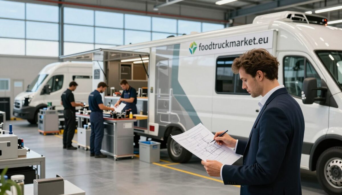 A vibrant scene showcasing a high-tech food truck manufacturing facility in Europe, with modern food trucks lined up ready for customization. In the foreground, a discerning businessperson in professional attire analyzes blueprints, highlighting a focus on quality craftsmanship. The middle ground features skilled workers diligently assembling food truck components, surrounded by tools and tech equipment. The background displays large windows revealing a clear blue sky, creating a bright and open atmosphere. Soft, natural light floods the space, enhancing the details of the trucks and the bustling activity. Include the brand logo "foodtruckmarket.eu" prominently on one of the trucks, signifying a trusted manufacturer. The overall mood is dynamic and innovative, reflecting the future of food truck manufacturing in Europe. - Food Truck Market A vibrant scene showcasing a high-tech food truck manufacturing facility in Europe, with modern food trucks lined up ready for customization. In the foreground, a discerning businessperson in professional attire analyzes blueprints, highlighting a focus on quality craftsmanship. The middle ground features skilled workers diligently assembling food truck components, surrounded by tools and tech equipment. The background displays large windows revealing a clear blue sky, creating a bright and open atmosphere. Soft, natural light floods the space, enhancing the details of the trucks and the bustling activity. Include the brand logo "foodtruckmarket.eu" prominently on one of the trucks, signifying a trusted manufacturer. The overall mood is dynamic and innovative, reflecting the future of food truck manufacturing in Europe.